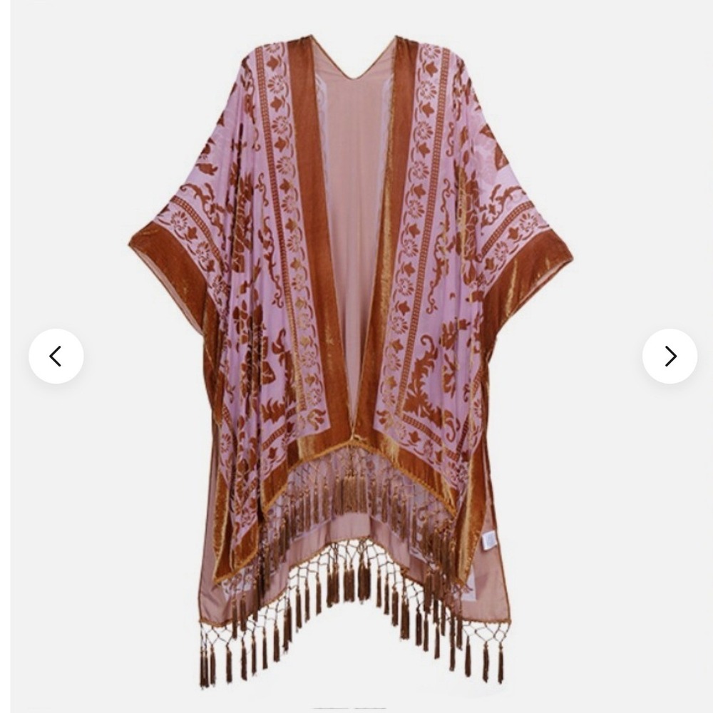 Womens Velvet Burnout Kimono Pink Tassel Nightbird Boho Ethereal Romantic Layer